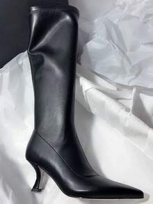 2025秋冬韩版简约过膝长靴，弹性面料，绒面质感，修身廓形，侧拉链，尖头高跟，猫跟