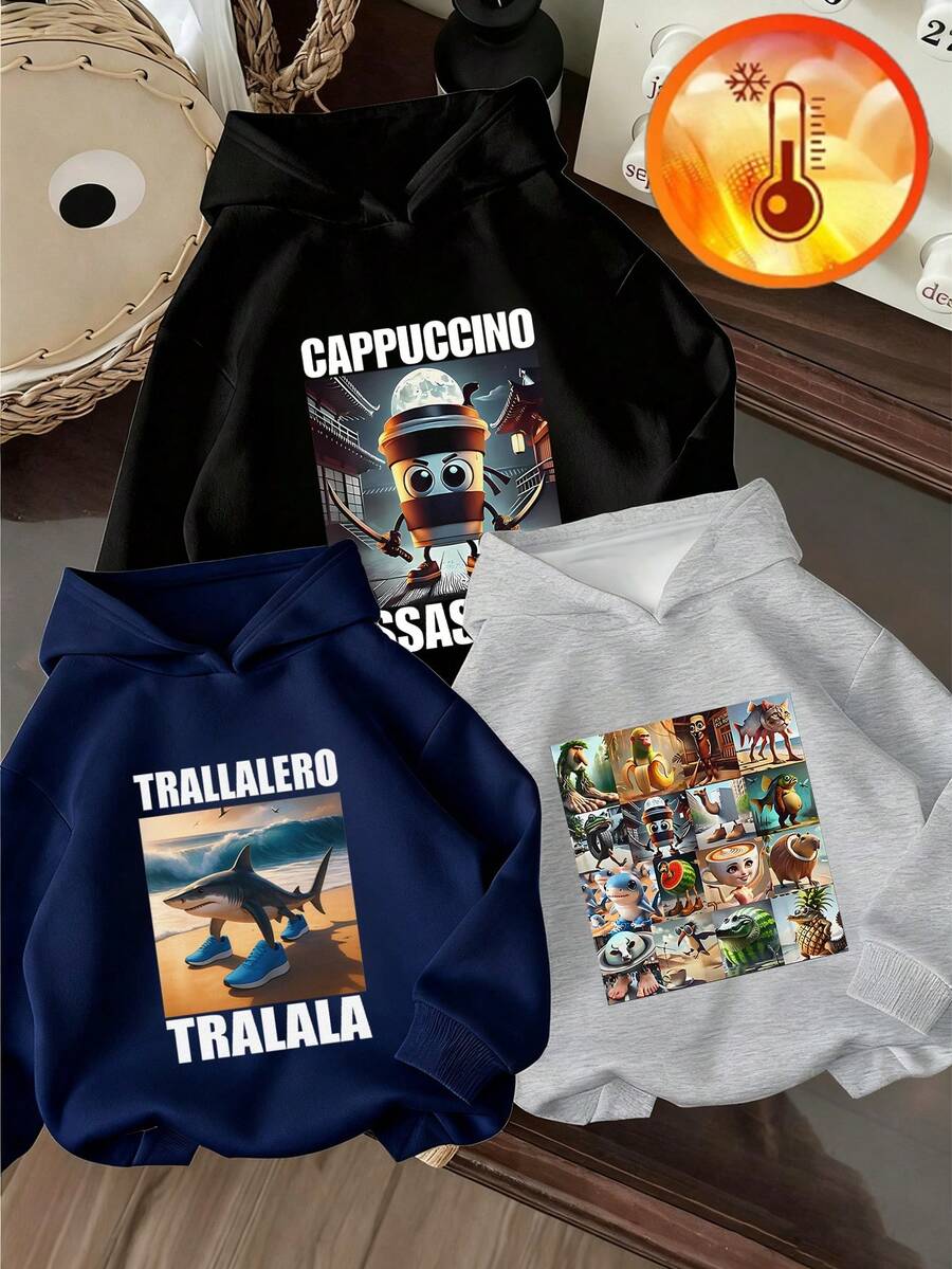 Tween Jungen Grafik-Muster Thermofutter Sweatshirt, warm & bequem für Herbst/Winter - Schwarz - Übersicht 1