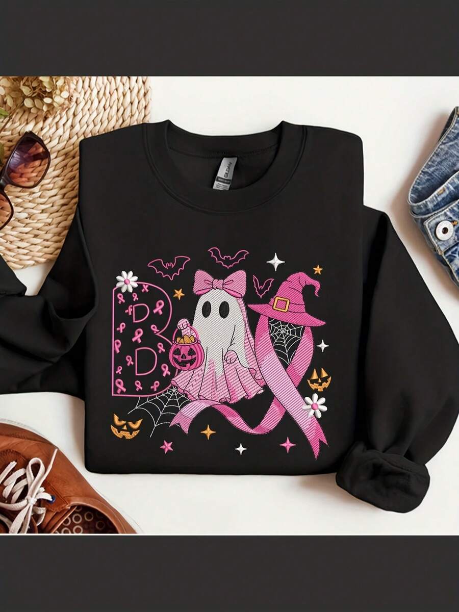 Breast Cancer Awareness Embroidered Sweatshirt, Halloween Pink Ribbon Ghost Pumpkin Embroidered Shirt, Cancer Support Shirt, Halloween Gift
