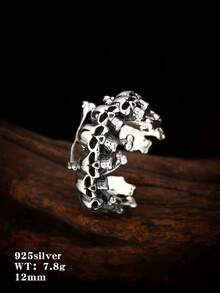 1pc 925 Sterling Silver Vintage Blackened Punk Style Skull Row Open Ring, Suitable For Men To Wear On Holidays