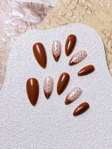 10 件手工杏仁米色法式银色波尔卡圆点简约别致人造指甲，适合秋冬季 - 彩色 - 查看 6