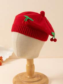 1 pieza Gorro de boina tejido con diseño de cereza lindo para niños, adecuado para usar en otoño/invierno para mantener el calor y para uso diario - A - Ver 16
