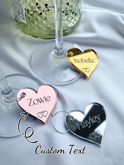 5/10/50Pcs Personalized Wine Glass Name Tags Gold Acrylic Mirror Heart Name Tag Cocktail Charms Custom Engagement Wedding Birthday Anniversary Sweet 16 Party Seating Place Names Guest Wine Glass Name Tags