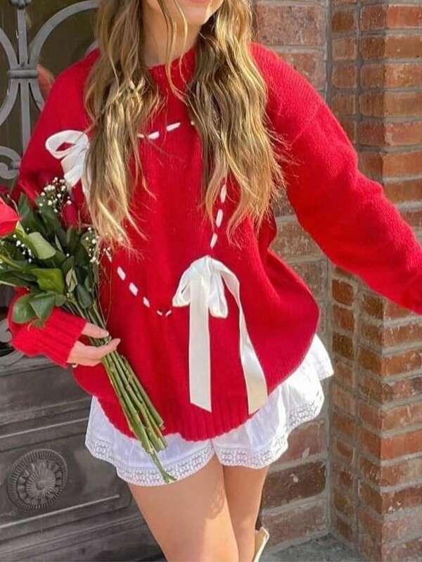 Women's Red Heart Bow Sweater | Valentine's Day Gift | Christmas Jumper| Winter Clothes For Women