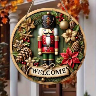 1 件复古圣诞胡桃夹子装饰壁挂标志 - 人造木质欢迎牌，胡桃夹子主题，多用途圆形英文标志，适用于咖啡馆、花园、庭院、农场、酒吧、房间装饰 - 理想的圣诞礼物