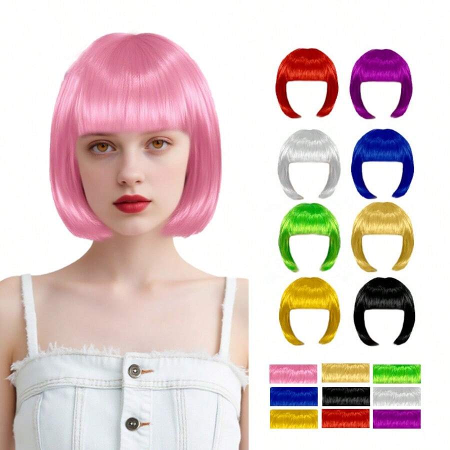 Short Straight Synthetic Wig With Bangs, Suitable For Beginners, Heat Resistant, Applicable For Halloween, Costume Parties, Music Festivals
