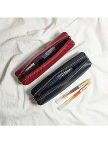 1 pezzo Astuccio con texture in pelle oleata, stile retrò minimalista per studenti, pochette per cancelleria di piccola capacità, in pelle PU