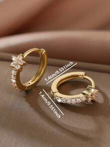 1pair Fashionable Copper & Rhinestone Inlaid Starfish & Small Flower Ear Studs/Hoop Earrings, Perfect For Dating Gifts Valentines - Round - View 3