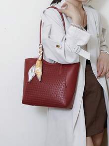 Túi Tote thanh lịch, Túi đeo vai, Khăn quàng cổ họa tiết da cá sấu thời trang tối giản quyến rũ, Sức chứa lớn, Màu cà phê, Công sở/Văn phòng - Màu Đỏ Sâu - Xem 3