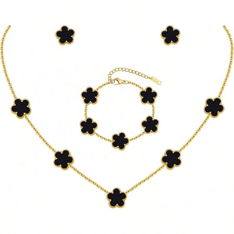 Gold Bracelets Earring Set - 18K Gold Plated Flower Bracelet Chain,Stainless Steel Non Tarnish Floral Pendant Stud Jewelry Sets,Birthday Lucky Mom Wife Daughter Girlfriend - 黑色 - 查看 1