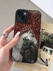 Summer Flower 1Pc Nordic Retro Carpet Queen & Horse Pattern Black Cat Eye Full Coverage Phone Case Compatible With IPhone 11/12/13/14/15/16 Pro Max Waterproof Shockproof Anti-Fall Scratch Resistant,Valentine'S Day Gifts,Valentines Phone Case - 款式1(1件) - 查看 4
