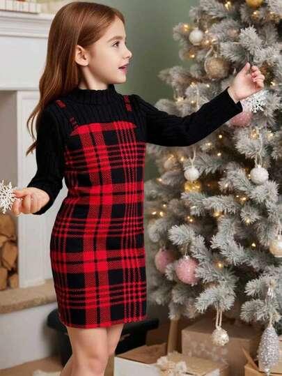 Young Girls Elegant Mock Neck Straight Long Sleeve Dress
