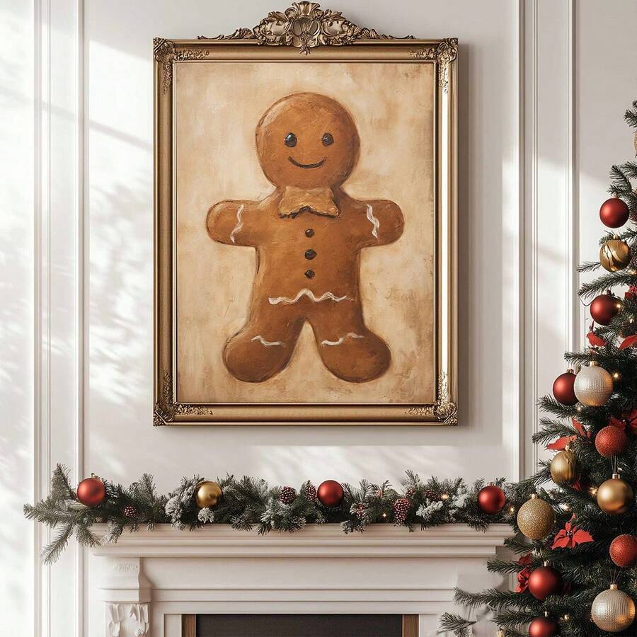 1pc, Canvas Wall Art, Framed Wall Decor, Vintage Christmas Gingerbread Print, Holiday Winter Wall Decoration, Gingerbread Man Painting, Christmas Seasonal Printable Wall Art, Festive Home Santa Claus Art Print, Christmas Poster, Room Decor, Dorm Decor, Bedroom Decor, Bathroom Decor, Home Decor, Holiday Gift - Multicolor - View 1