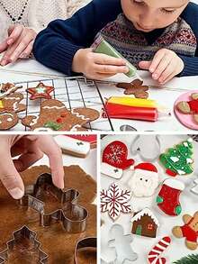 不锈钢圣诞饼干模具，6 件套 - 姜饼人、雪人、雪花、圣诞树、圣诞老人、拐杖糖形状图案模具 - 圣诞主题烘焙工具、圣诞饼干印章套装 - 非常适合冬季、节日烘焙 - 銀色 - 查看 5