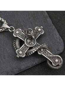 1 Collar De Acero Inoxidable Con Colgante En Forma De Cruz Y Dragón Para Hombres Con Estilo Vintage Y Punk - Plata antigua - Ver 6