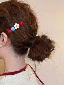 2 Stücke/Set süße rote Blumen Perlen Haarspangen, einfacher koreanischer Stil Mädchen Pony Haarschmuck