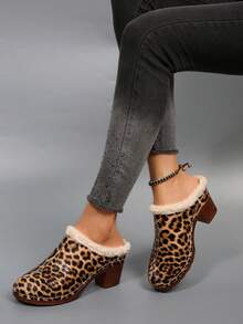 Leopard Print High Heel Pumps For Women, Autumn/Winter Comfortable Fluffy Slip-On Mule Slippers, Suitable For Autumn/Winter Everyday And Indoor Wear
