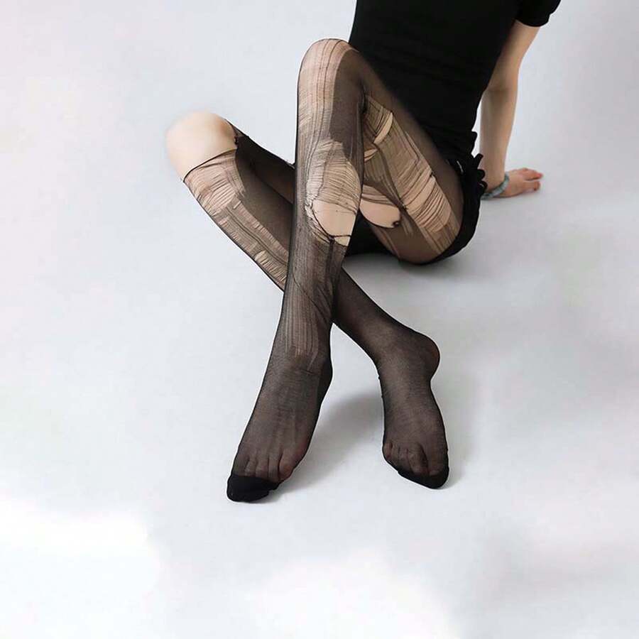 Women's Ripped Mesh Lingerie Pantyhose Stockings Cute Tearable Sheer Tights With Holes Gothic Style Fashion Accessories - màu đen - Xem 1