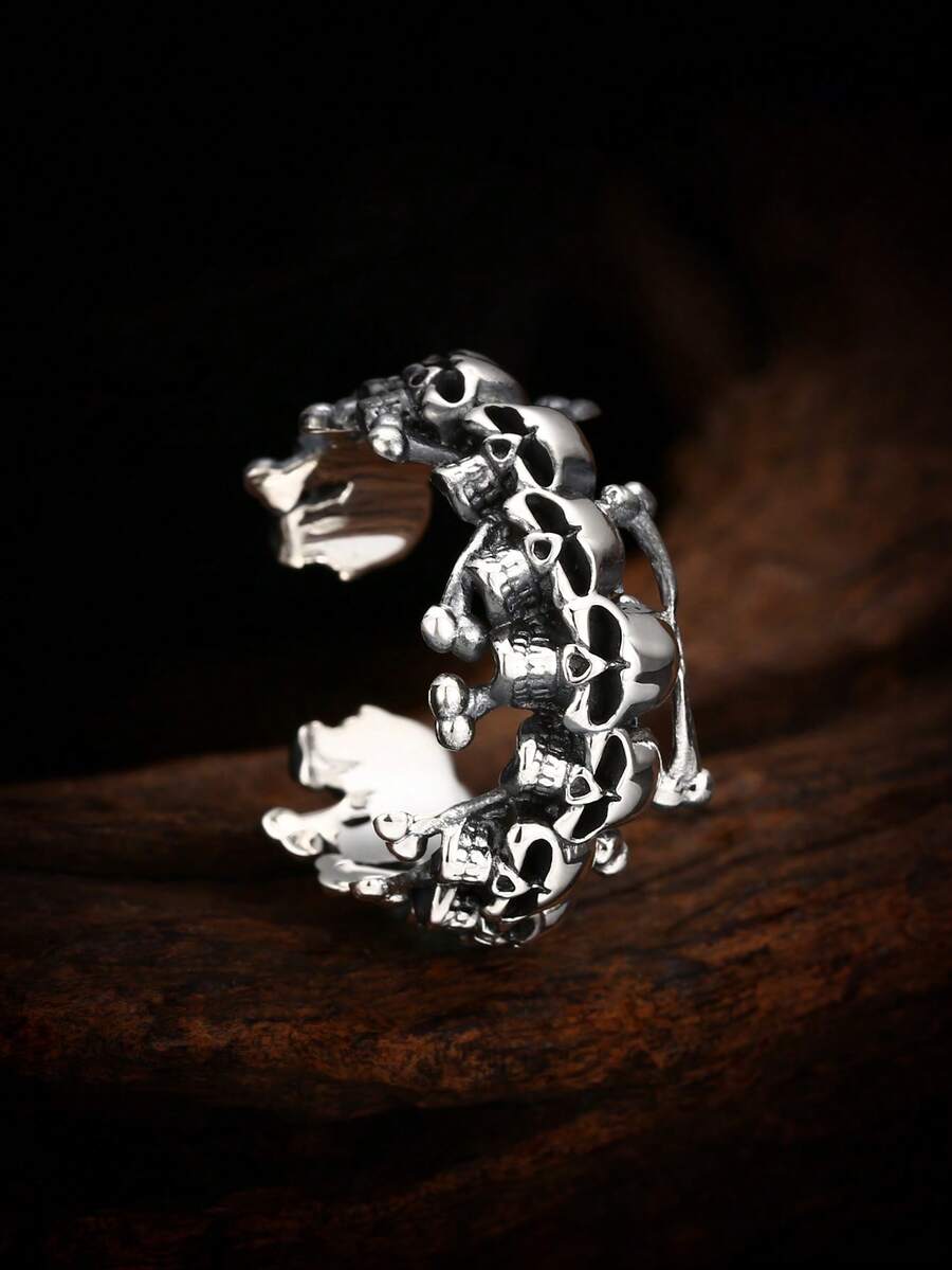 1pc 925 Sterling Silver Vintage Blackened Punk Style Skull Row Open Ring, Suitable For Men To Wear On Holidays