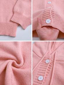 大码女式纯色落肩长袖单排扣抽绳连帽针织开衫，带抽绳帽兜，袖口和下摆收紧，粉色 - 粉色 - 查看 9