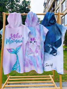 1 Piece Microfiber Hooded Towel Robe For Kids, Zip Up Swim Beach Cover Up For Girls Boys, Cute Mermaid, Cat, Manta Ray Patterns, Surf Poncho Changing Bath Towel