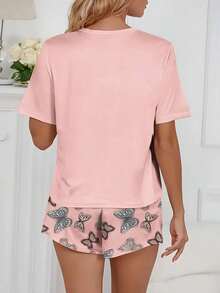 2pcs Women Pajama Set With Butterfly Pattern Top And Shorts