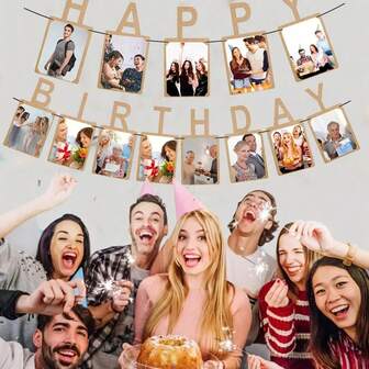 1 件生日派对照片展示横幅，生日快乐装饰拉旗，适用于生日派对、婚礼、周年纪念装饰、DIY 照片装饰、节庆庆典布置道具、庭院装饰横幅拉旗、家居圣诞装饰、情人节、新年装饰道具
