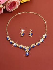 奢华婚礼派对女式礼服水钻装饰珠宝时尚闪亮项链和耳环套装，舞会礼服珠宝配饰 - 寶藍色 - 查看 3