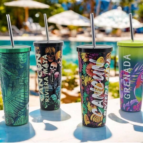 Vaso aislado al vacío de acero inoxidable de 25 onzas, estilo de playa, vaso reutilizable con pajita, mantiene las bebidas calientes/frías