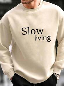 Slow Living   Print Pullover Sweatshirt For Men Casual Modern Comfortable Streetwear Fashion Top Soft Fabric Relaxed Fit  Graphic Design Long Sleeve Crewneck - Màu be - Xem 2