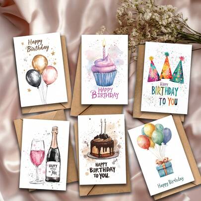 6pcs Watercolor Balloon And Birthday Cake Happy Birthday Card Set With Envelopes - Blank Note Cards For Family, Friends, Colleagues, Pastoral Theme, Solid Color, Perfect For Thanksgiving, Congratulations, Anniversary, Birthday, And Thank You Occasions, Paper Material, English Language, Birthday Party Decorations, Best For Christmas