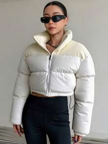 Women's Short Padded Coat, Color Block Patchwork Corduroy Zipper Stand Collar, Suitable For Parties, Dates, Daily Wear In Autumn/Winter