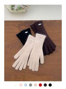 贝壳标志纯色露指手套，保暖防风触屏，简约百搭情侣手套，秋冬季女士毛绒针织露指手套，可爱五指保暖防风，适合学生、骑行、户外活动，简约百搭纯色加厚长款露指手套，保暖防寒，骑行户外情侣手套，冬季 - 貝殼標字母 - 查看 5