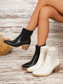 Western Style Solid Color Side Zipper Fashion High Heel Ankle Boots - Black - View 6
