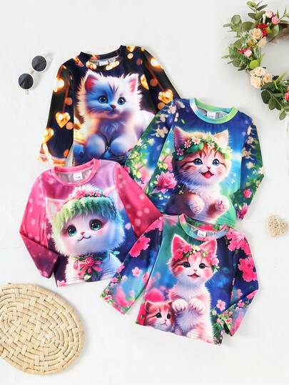 4pcs Baby Casual 3D Kitten Print Long Sleeve T-Shirt Outdoor Outfit