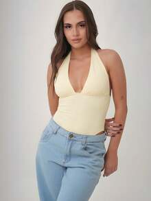 Women's Bodysuit, Plunging Neckline, Polyamide, Halter Neck, Multi-Shape – Elegant Blogger Fashion - 黃色 - 查看 4
