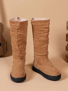 儿童舒适优雅易穿脱及膝靴，适合户外、学校、派对穿着，14 岁及以下，仿麂皮拼接经典休闲设计 - 棕色 - 查看 19