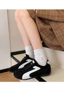 大码女式夏季休闲平底软底拼接户外运动鞋，轻便春秋季学生运动鞋 - 黑色6212 - 查看 3