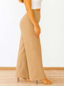 Pantalón de Tiro Alto con Pinzas y Pierna Ancha. Elegante y Casual. Amolda Figura. - Camel - Ver 3
