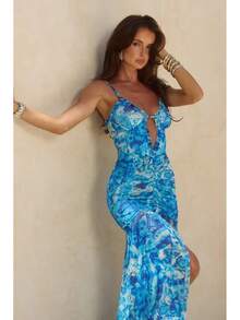 2025 New Retro Prints High Quality One Piece Swimsuit And Skirt Print Deep-V Lace-Up Women Bikini Set Swimwear Bathing Suit - 淺藍色 - 查看 5
