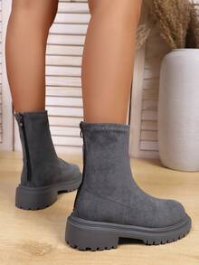 Giày bốt cổ ngắn đế dày bằng da lộn mới, kiểu dáng ôm sát tôn dáng, có khóa kéo phía sau, phù hợp cho công sở, tiệc tùng, mùa thu/đông. - Xám - Xem 4