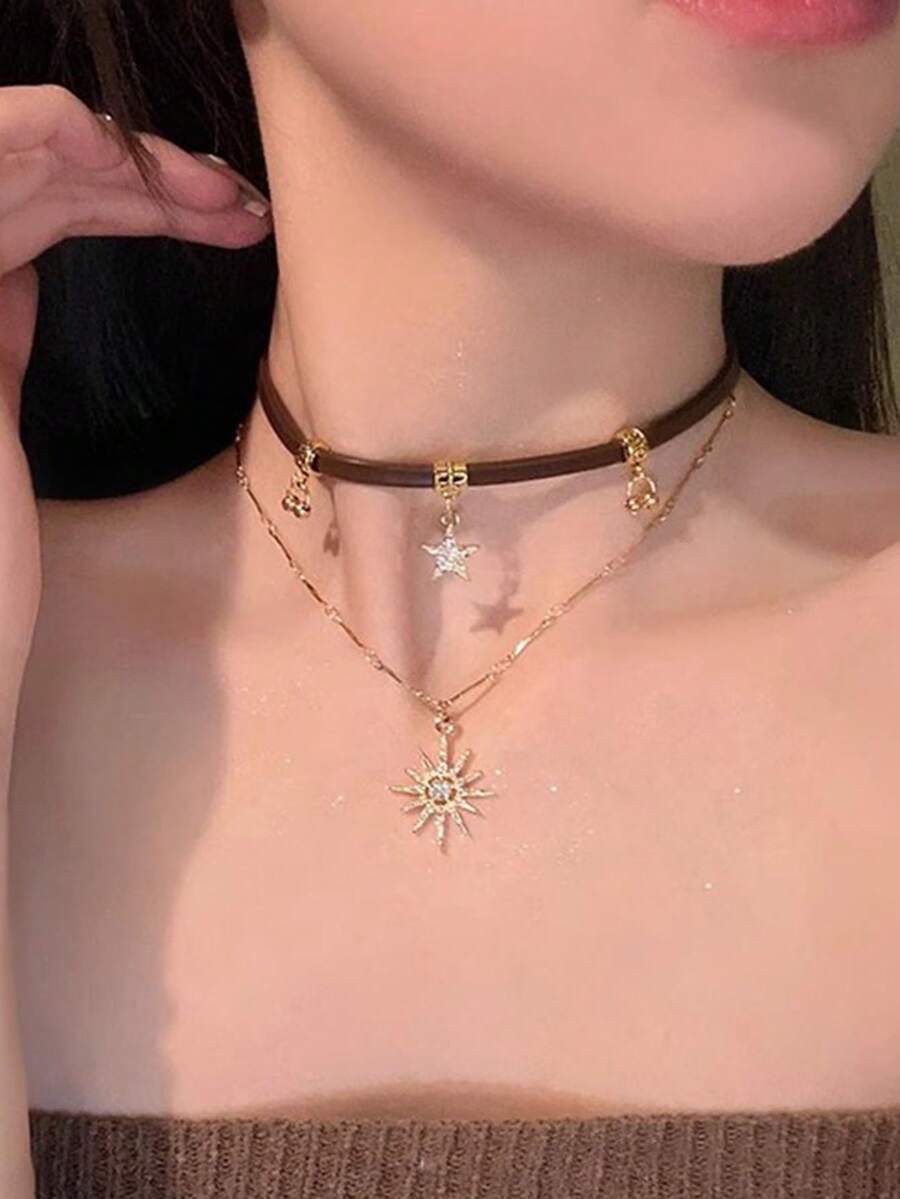 1 件棕色多层太阳吊坠项链，女士时尚珠宝 - 棕色 - 查看 1