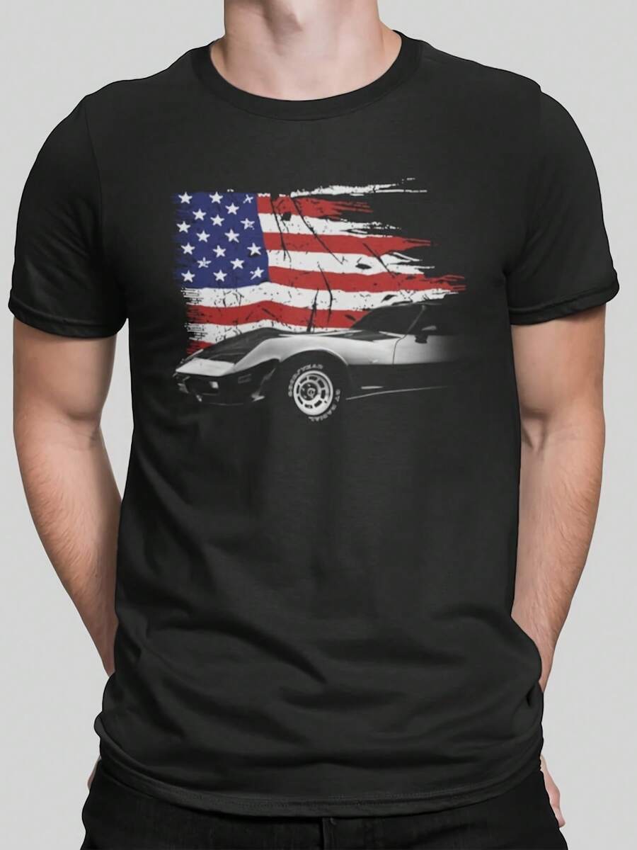 1979 Corvette Front Side View With Us Flag Classic Car T Shirt - Style 25 - View 1