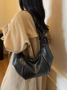 1pc Solid Color PU Shoulder Bag, Fashionable Large Capacity Crescent-Shaped Handbag Suitable For Adult Women, Stylish Outfit And Outdoor Shopping - Black - View 7