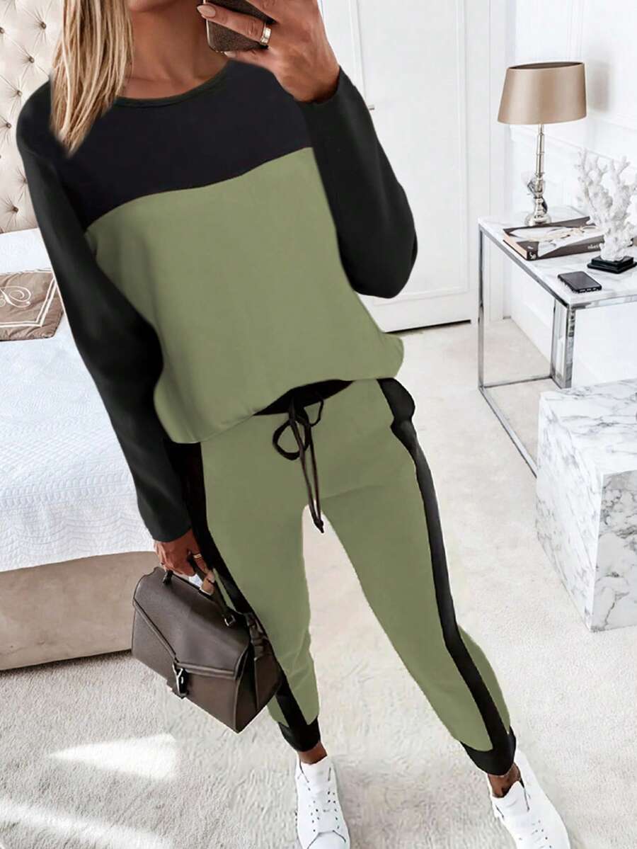 2pcs Casual Patchwork Contrast Color Long Sleeve Round Neck T-Shirt And Pants Set - Green - View 1