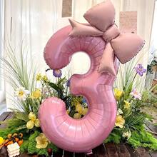 2 pièces/set Ballons en forme de chiffres roses de 32 pouces avec décoration de nœud mat, convient pour anniversaire, mariage, événement extérieur, anniversaire, fête, Thanksgiving, Halloween, Noël, ambiance de fête et décoration de fond