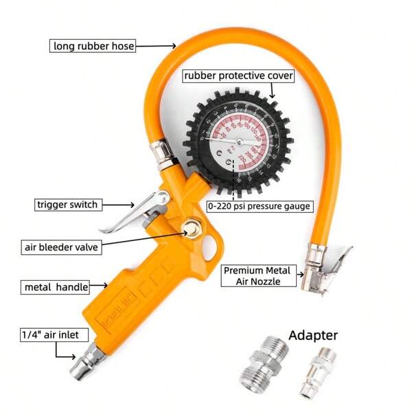 DINGQI 1pc Metal Handle Tire Pressure Gauge, Economy Type With Pressure Gauge Tire Inflator Gun 0-220 PSI 16 Bar, Precise Data, With Rubber Hose And Quick Connect Plug/Locking Air Chuck, Tire Pressure Accuracy Detector, Suitable For Cars, Trucks, Bicycles, Motorcycles