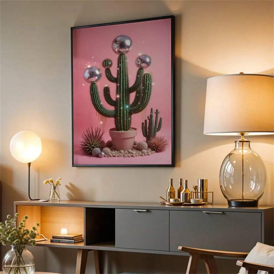 1 Pc Disco Cactus Wall Art, Sparkling Cactus Print, Unique Wall Decor, Pink Background Poster, Fun Plant Artwork, Eclectic Home Decor, Modern Minimalist Style Posters, Living Room And Room Decoration, Bathroom Decoration, Ideal Gift, No Frame - Multicolor - View 1