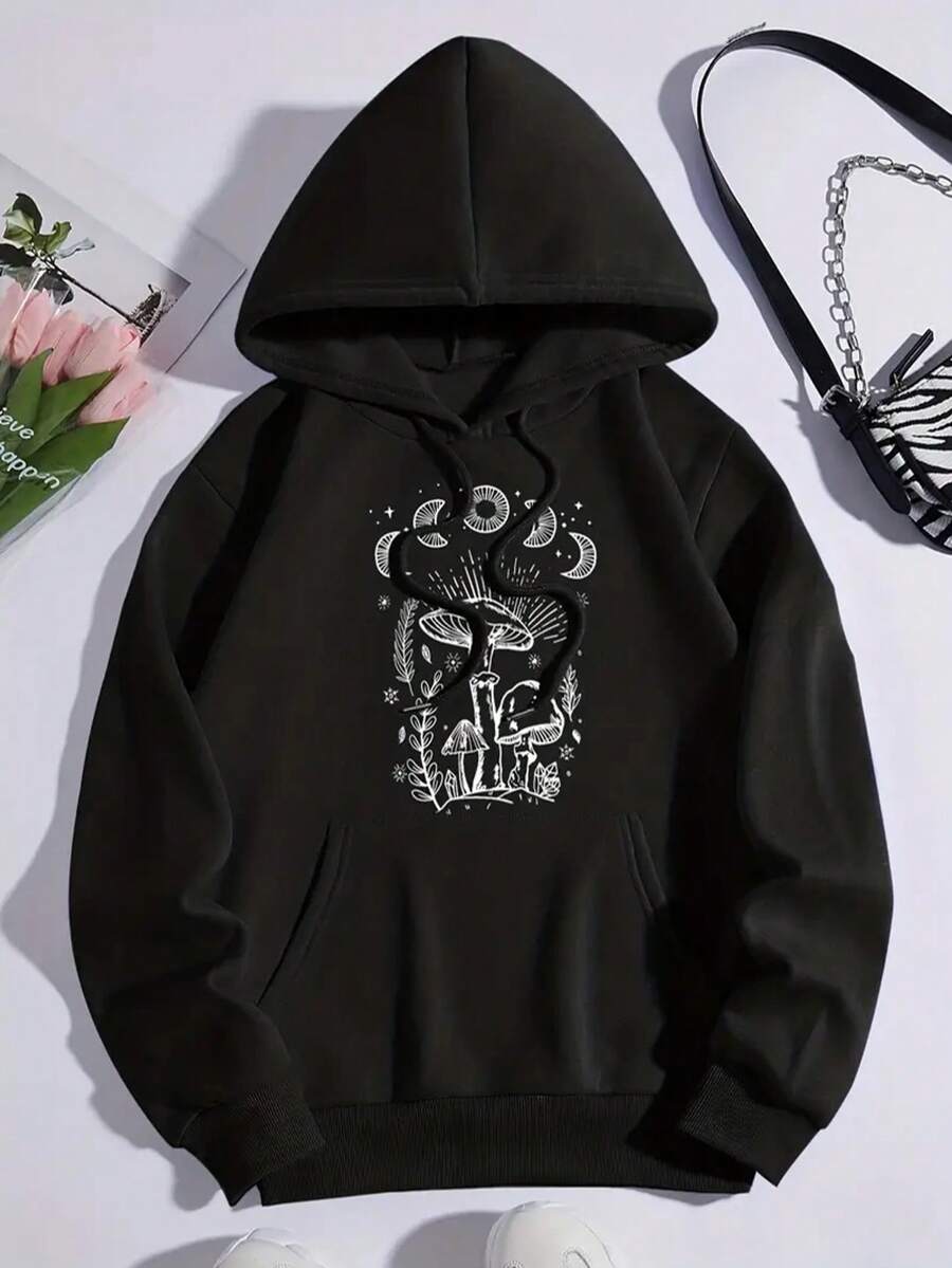 White Polyester Casual Graphic Hoodie - Women's Chic Butterfly Sweatshirt With Blue Butterflies & Inspirational Quote, Drawstring Hood, Machine Washable For Fall & Winter - 黑色 - 查看 1