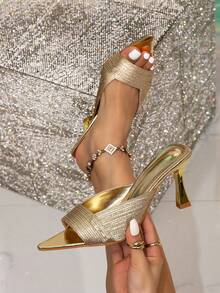 Women's Niche Pointed Toe Woven Strap High Heel Mule Sandals (Packaged) - Gold - View 1